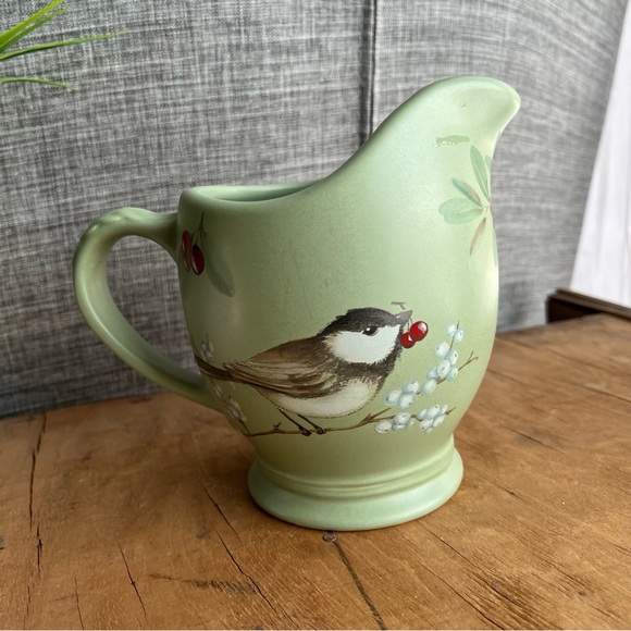 Pfaltzgraff Winterwood Pitcher Green with Birds Chickadees and Berries stoneware - Picture 1 of 5